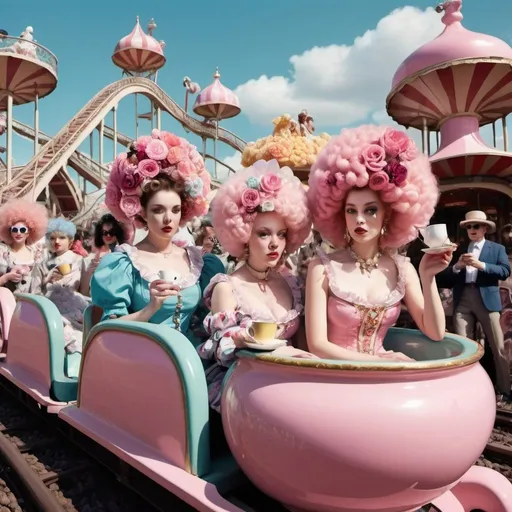 Prompt: women dressed like flowers and drinking out of ornate teacups, surrealism, riding a roller coaster, carnival, pink poodles