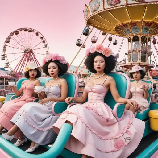 Prompt: Content women dressed like flowers and drinking out of ornate teacups, asian woman, black woman, Caucasian woman, Latina woman, surrealism, riding a roller coaster, Ferris wheel, carousel, carnival, pink poodles, pastel 