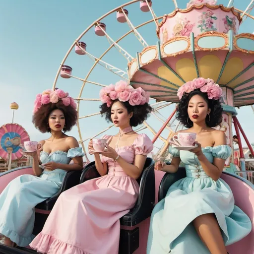 Prompt: Content women dressed like flowers and drinking out of ornate teacups, asian woman, black woman, Caucasian woman, Latina woman, surrealism, riding a roller coaster, Ferris wheel, carousel, carnival, pink poodles, pastel 