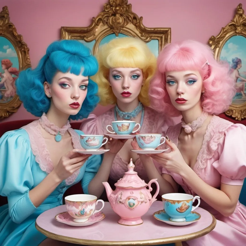 Prompt: Content women drinking out of ornate teacups, surrealism, fun house, carnival, pastel colors, pink poodles, bluebird on leash 