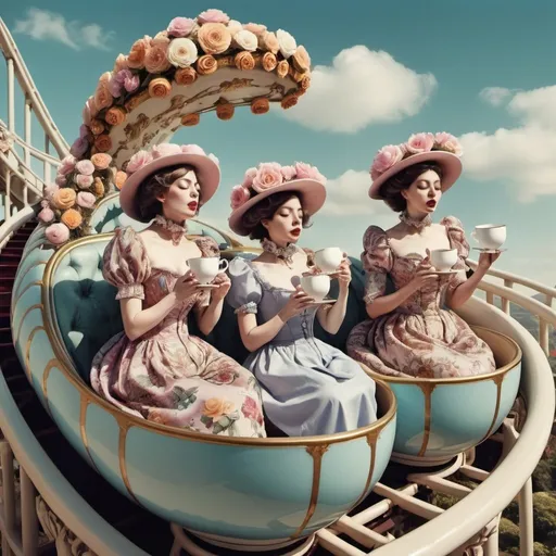 Prompt: women dressed like flowers and drinking out of ornate teacups, surrealism, riding a roller coaster 