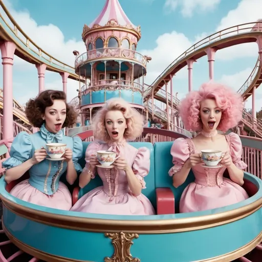 Prompt: Content women drinking out of ornate teacups riding a roller coaster, surrealism, fun house, carnival, pastel colors, carousel, monorail, pink poodles, bluebird on leash, Victorian style 