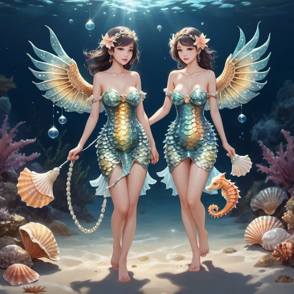 Prompt: Women dressed in stars walk fish on leashes, sparkling amphibious scales, shining, seashells, orbs, cute seahorse, fish with wings