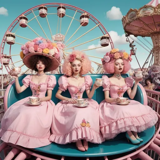 Prompt: Content women dressed like flowers and drinking out of ornate teacups, surrealism, riding a roller coaster, Ferris wheel, carousel, carnival, pink poodles, pastel 