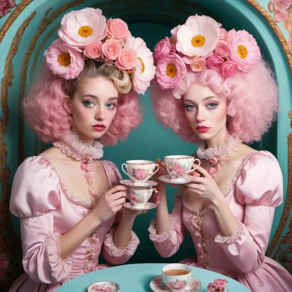 Prompt: Content women dressed like flowers and drinking out of ornate teacups, surrealism, Tunnel of love, pink poodles, pastel colors