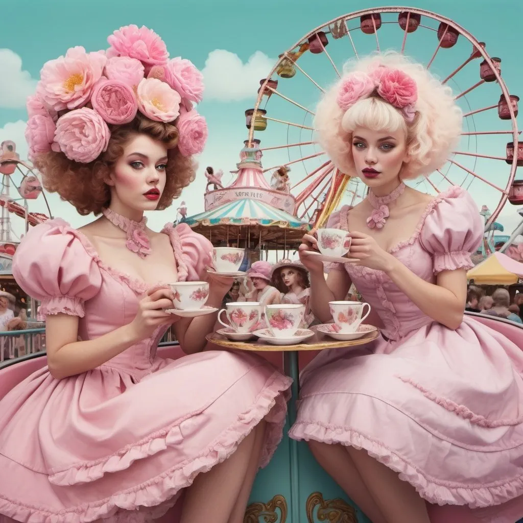 Prompt: Content women dressed like flowers and drinking out of ornate teacups, surrealism, riding a roller coaster, Ferris wheel, carousel, carnival, pink poodles, pastel 