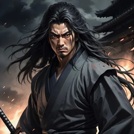 Prompt: Samurai with long black hair, billowing grey coat, angry expression, black long katana, wind-blown hair, burnt left eye, intense gaze, dark and brooding atmosphere, high quality, detailed, anime, traditional Japanese, dark tones, atmospheric lighting