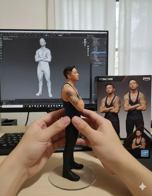 Prompt: Two hands gently pick up the figure in the frame and rotate it slightly for inspection. The model on the computer screen and the model printed on the packaging box remain stationary, while all other background elements stay unchanged.