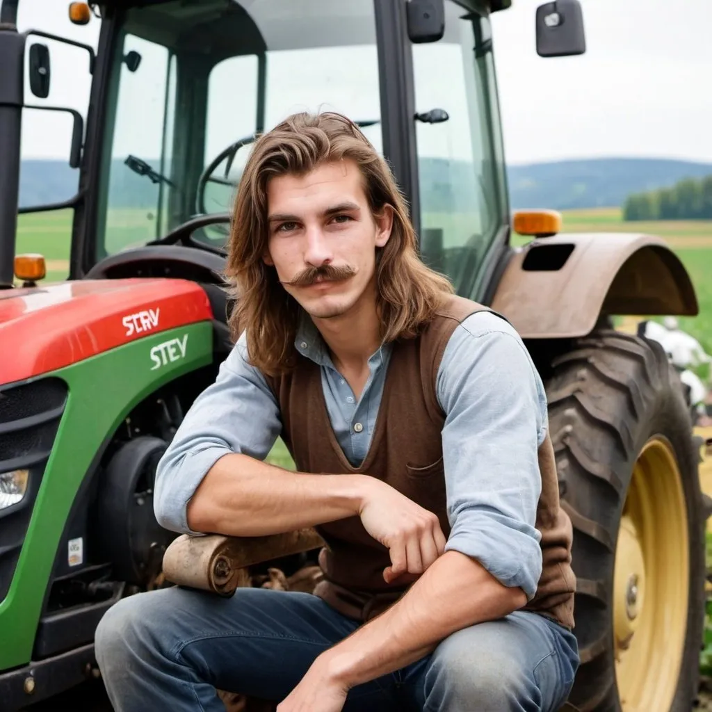 Prompt: A young austrian farmer with long brown hair and a small mustache leaning onto his steyr tractor