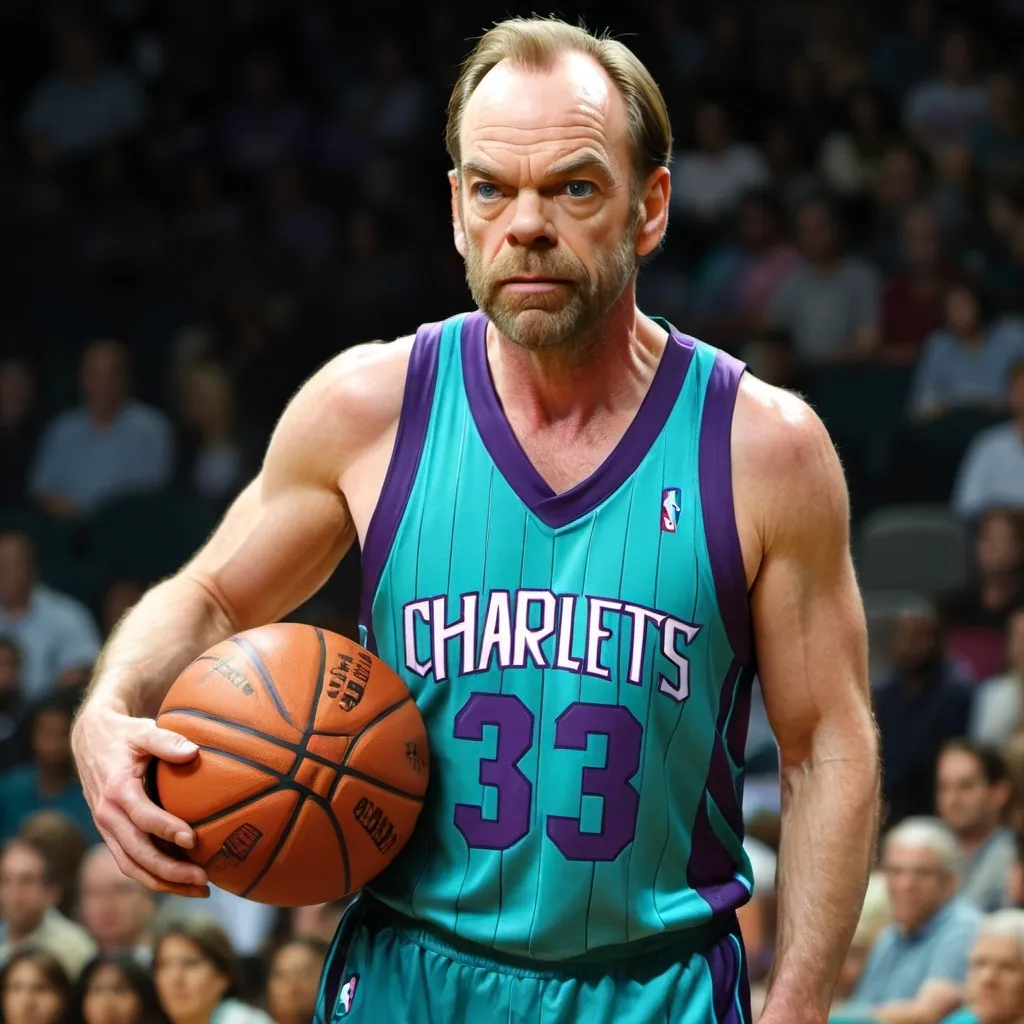 Prompt: create an image of Hugo Weaving playing basketball for charlotte hornets in number 33