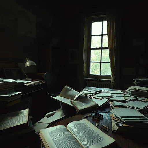 Prompt:  A dimly lit study with scattered papers and a missing manuscript.
