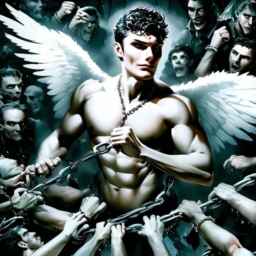 Prompt: A strong guy with white wings, between a lot of people. He is sourrounded by chains.  The people are holding his chains and some of the people are pointing at him. The guy is trying to escape. It's a nightmare atmosphere. It's a dynamic scene.