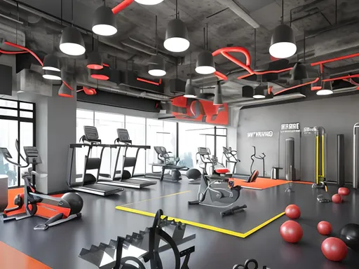 Prompt: Modern gym for men and women, 600m² space, gym equipment, sleek and modern design, vibrant and energetic atmosphere, gym elements, spacious layout, high ceiling, professional lighting, urban contemporary style, vibrant color scheme, motivational wall art, cardio and weightlifting areas, high-quality, detailed rendering, 3D modern design, energetic ambiance, open space, professional gym equipment, contemporary gym design, spacious ceiling design