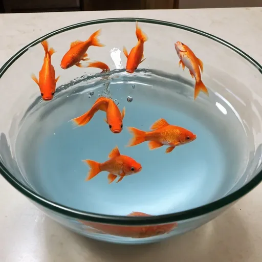 Prompt: (A photo of a fish jumping from a bowl with 6 other fish inside to another bowl with zero fish with the caption "im noting like yall 😎😭😭😭")
please show the other bowl and the caption
