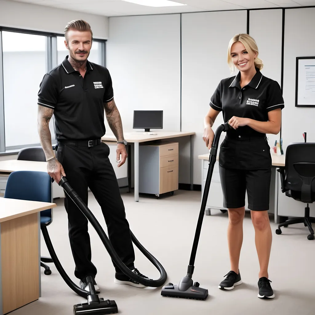 Prompt: two adults in there late 40's (male and female) are happily cleaning a commercial office space as they are cleaners. one is wearing a commercial backpack vacuum and the other is wiping a desk. both adults are wearing a uniform which consists of a black top and black shorts and black trainers. the company logo is on the uniform this is the logo. can the women be Margot Robbie and the man be David Beckham