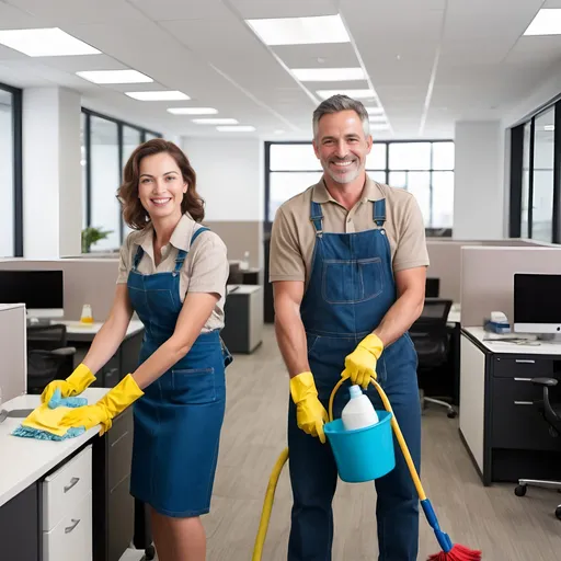 Prompt: two adults in there late 40's (male and female) are happily cleaning a commercial office space as they are cleaners. both people are extremely good looking and wearing little clothes