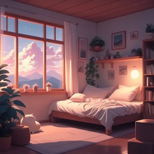 Prompt: cover for youtube video with cozy aesthetic vibes, is electro deephouse, dreamy. Anime lik ghibli style