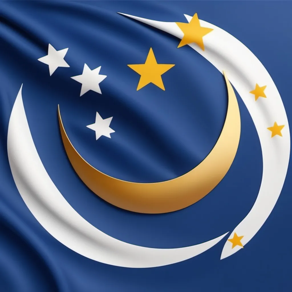 Prompt: make a flag with bakcground blue and white color , with a  white circle  in middle of the flag  and next to the circle  make a gold star and a Crescent moon