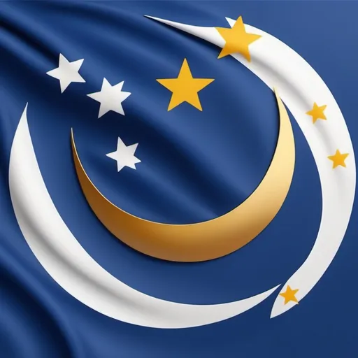 Prompt: make a flag with bakcground blue and white color , with a  white circle  in middle of the flag  and next to the circle  make a gold star and a Crescent moon