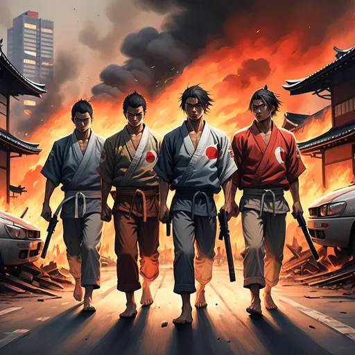 Prompt: (realism 1.3), 5 mens fighters in casual clothes carrying weapons, walking hand in hand with each other after successfully defeating the opponent, the background of Japan with burning buildings and the Japanese flag is broken, cars were burned, extra space at the bottom, in the afternoon before sunset