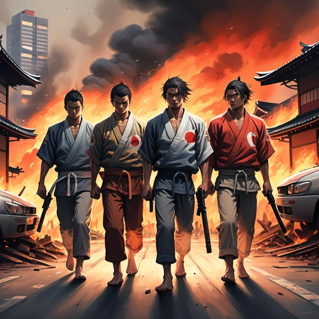 Prompt: (realism 1.3), 5 mens fighters in casual clothes carrying weapons, walking hand in hand with each other after successfully defeating the opponent, the background of Japan with burning buildings and the Japanese flag is broken, cars were burned, extra space at the bottom, in the afternoon before sunset