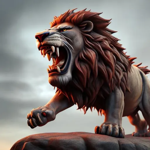 Prompt: 3D Mean looking red lion standing on rocks, mouth open, tail, nails, roaring, teeth, full body showing