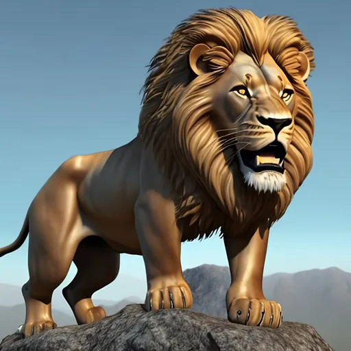 Prompt: 3D Lion looking mean and roaring on top of a mountain, the full body must show