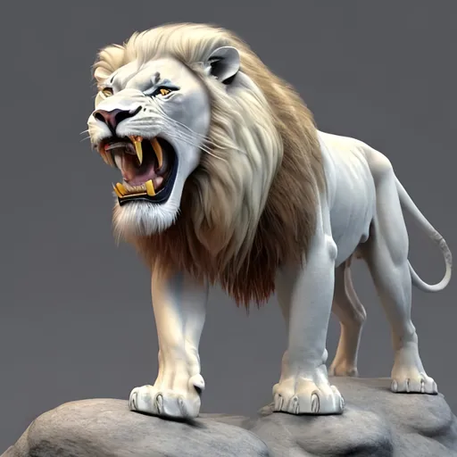 Prompt: 3D Mean looking white lion standing on rocks, mouth open, tail, nails, roaring, teeth, full body showing
