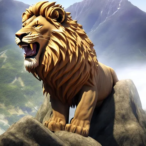 Prompt: 3D lion roaring on top of a mountain