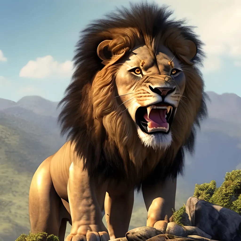 Prompt: 3D Lion looking mean and roaring on top of a mountain, the full body must show