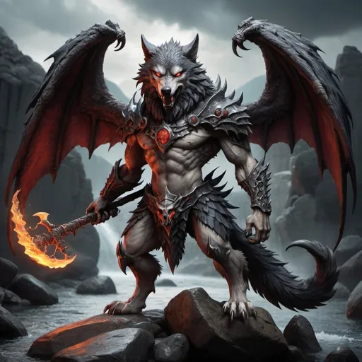 Prompt: A demonic were-wolf on its hind legs with dragon wings, owl eyes, holding two war-scythes, who is controlling rocks, water, fire, and air and rocks, water, fire, and air holding two war scytheswho is not to scary 