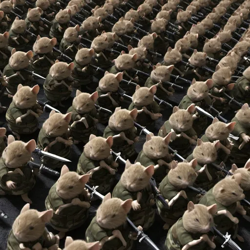 Prompt: an army of mice with weapons
