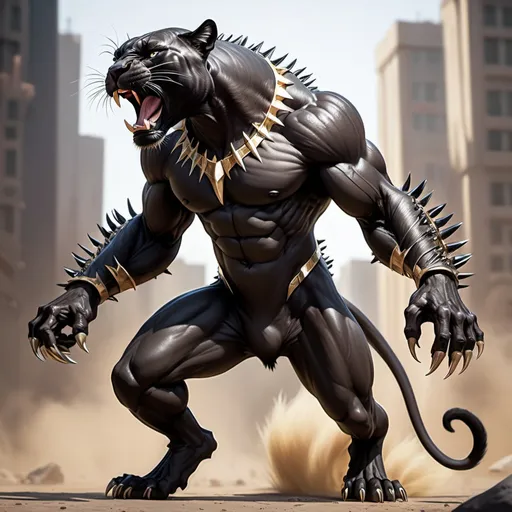 Prompt: a buff humanoid panther that is black roaring wi'll standing on its hind legs with shoulder spikes 