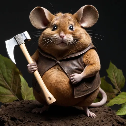 Prompt: a fat brown mouse with an axe

