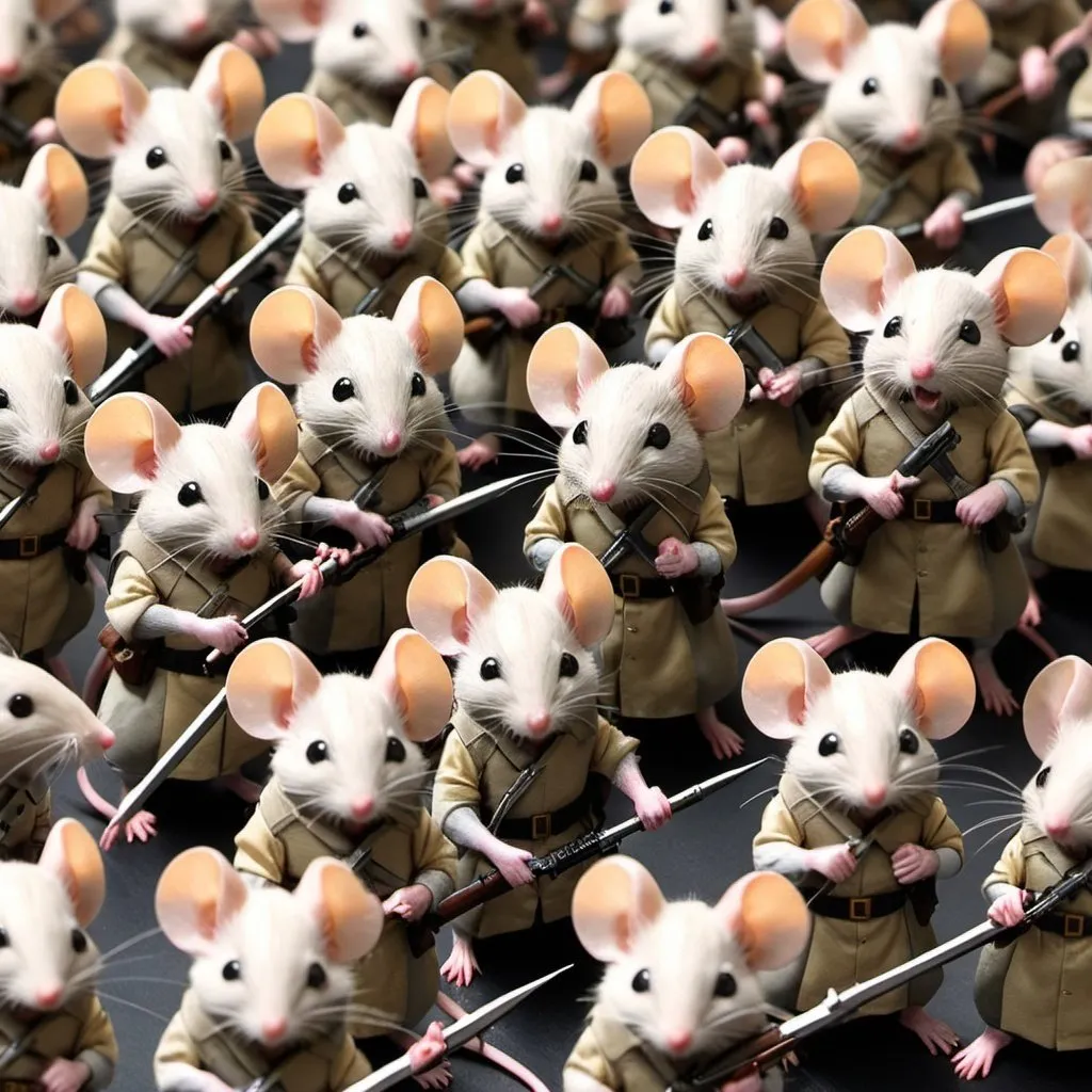 Prompt: an army of mice with weapons
