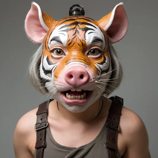 Prompt: humanoid tiger with a pig tail and pig nose holding nonchuks.