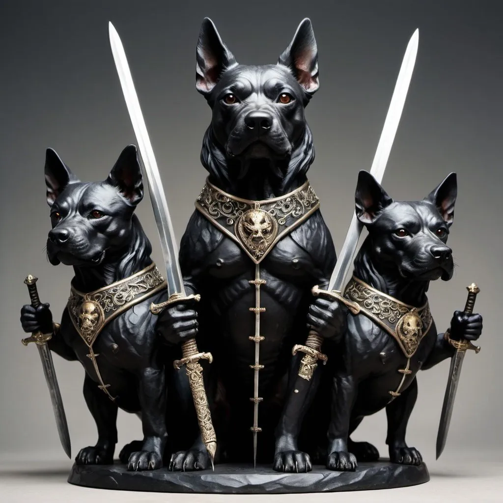 Prompt: a black three headed dog that is standing up while holding two swords that is evil and stronge.