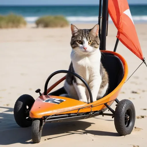 Prompt: A cat is sitting in a blokart (which is a 3 wheeled kart which uses a sail) on the beach. 