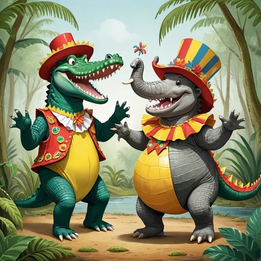 Prompt: A crocodile, wearing a carnaval costume, that is dancing and singing together with an elephant, in a tropical Forest landscape.