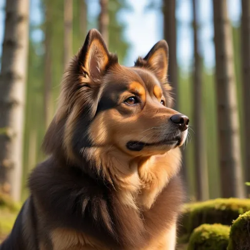 Prompt: A brown Finnish Lapphund dog, looking in the distance, with a forest background, Bright colours, photorealistic 