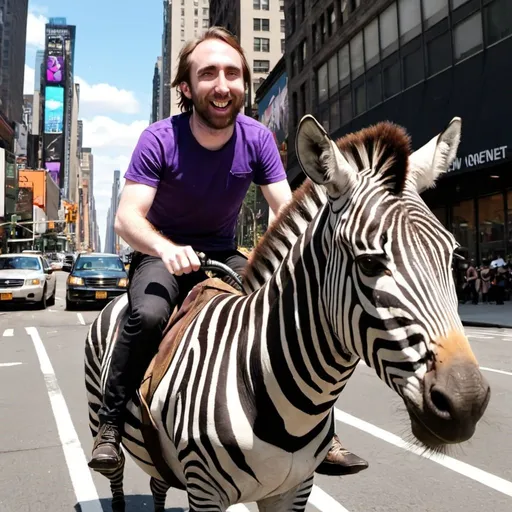 Prompt: Popular twitch streamer Asmongold riding a zebra through the streets of New York. 