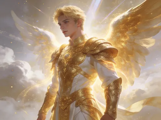 Prompt: male, androgynous, angel, short blonde hair, golden aura, golden armour, white clothing, awe and radiant, Archangel Uriel, bringer of Justice, dwells in the Divine Courts in the Hidden Heavens realm.
