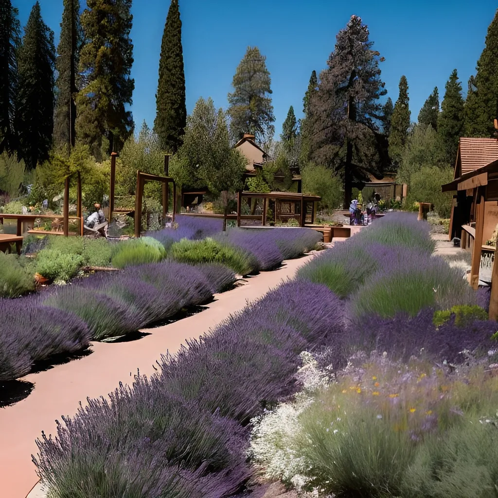 Prompt: Surrounding the sequoia, There are patches of lavender and chamomile and a thriving vegetable garden.