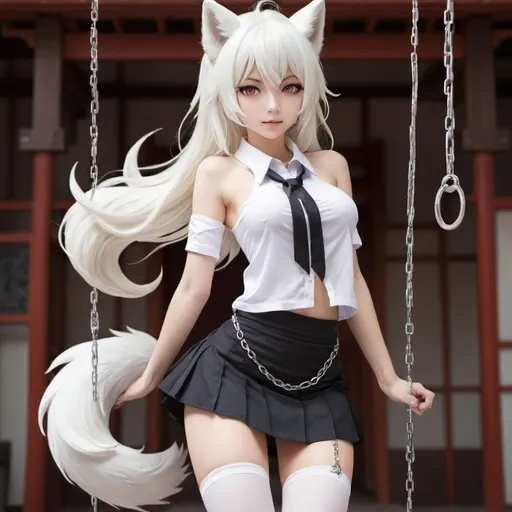 Prompt: (((girl kitsune ))) (((on a chain))), In a collar , white hair,  (((open top, mini skirt))), white eyes, white stocking, long hair, ))) (
