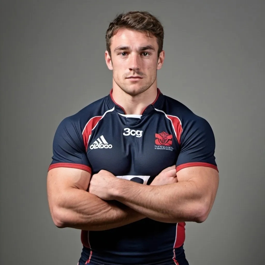 Prompt: A muscular male rugby player, wearing tight rugby kit, looking confident and an alpamale