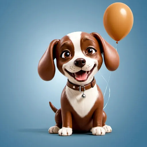 Prompt: create an little dog who is smiling with brown fell in comic style how is looking at an balloon