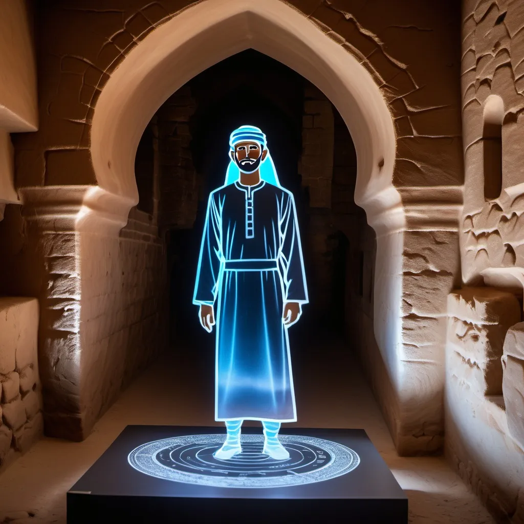 Prompt: The image  of a tour guid in hologram in nakhil fort in oman