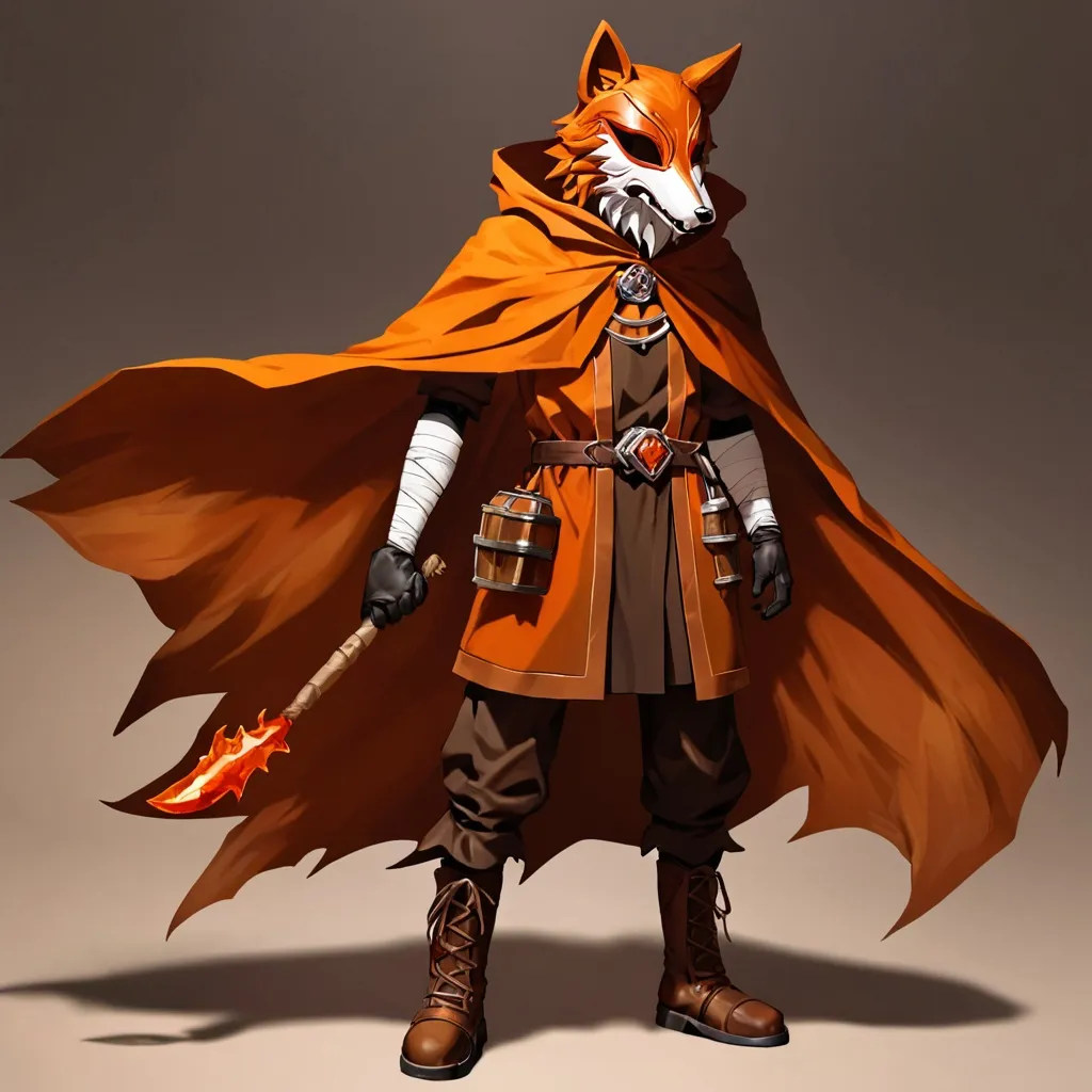 Prompt: A figure wearing a amber brown wolf mask and an amber brown cloak with boots and has a dual sided red sythe he is also wearing black gloves and is holding the sythe in there left hand and has long amber brown sleeves but on the right arm has white bandages around it and he is facing the camera