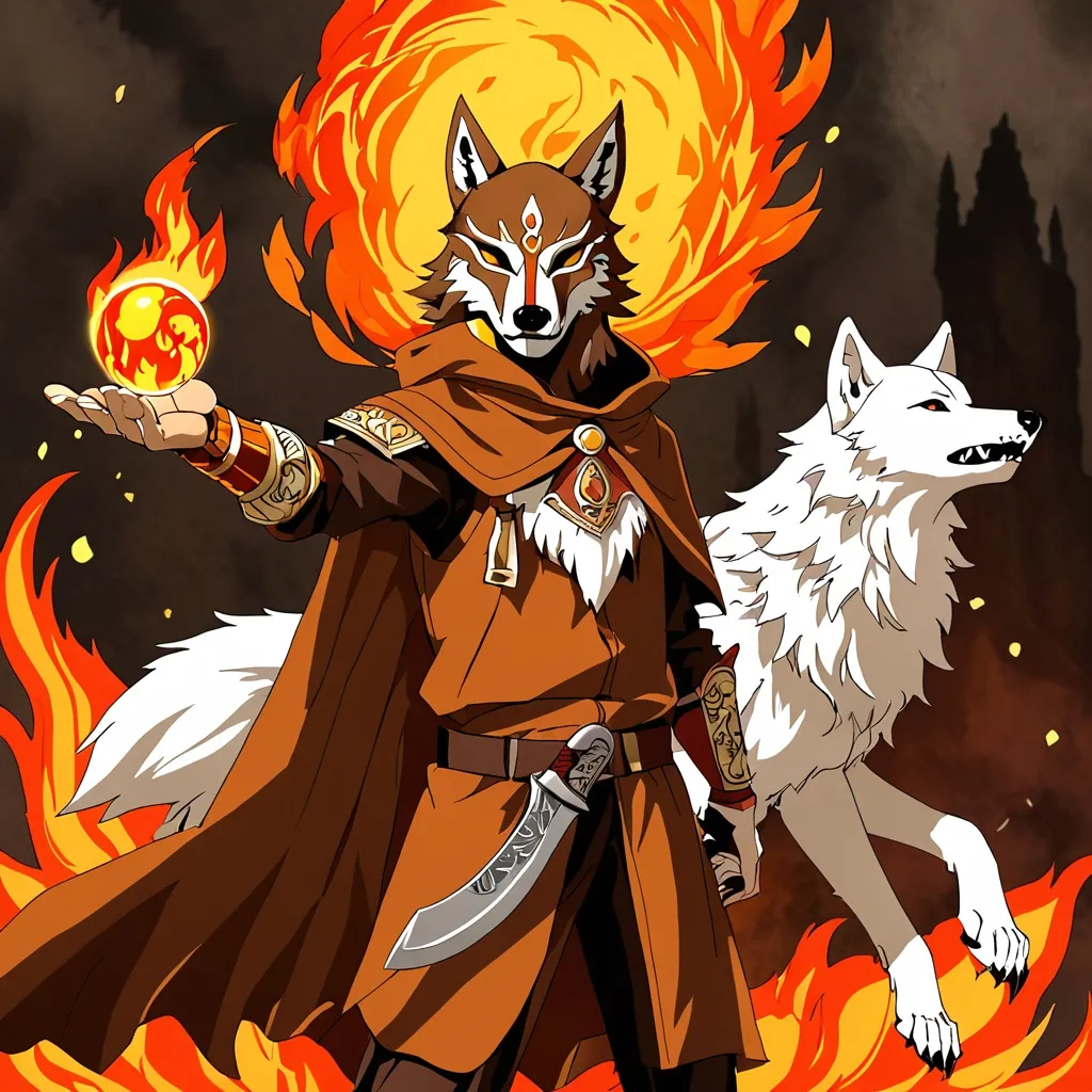 Prompt: A figure wearing a amber brown wolf mask and an amber brown cloak with there left arm out palm up with a fire ball floating above it and a dagger in there right arm and a white wolf next to them