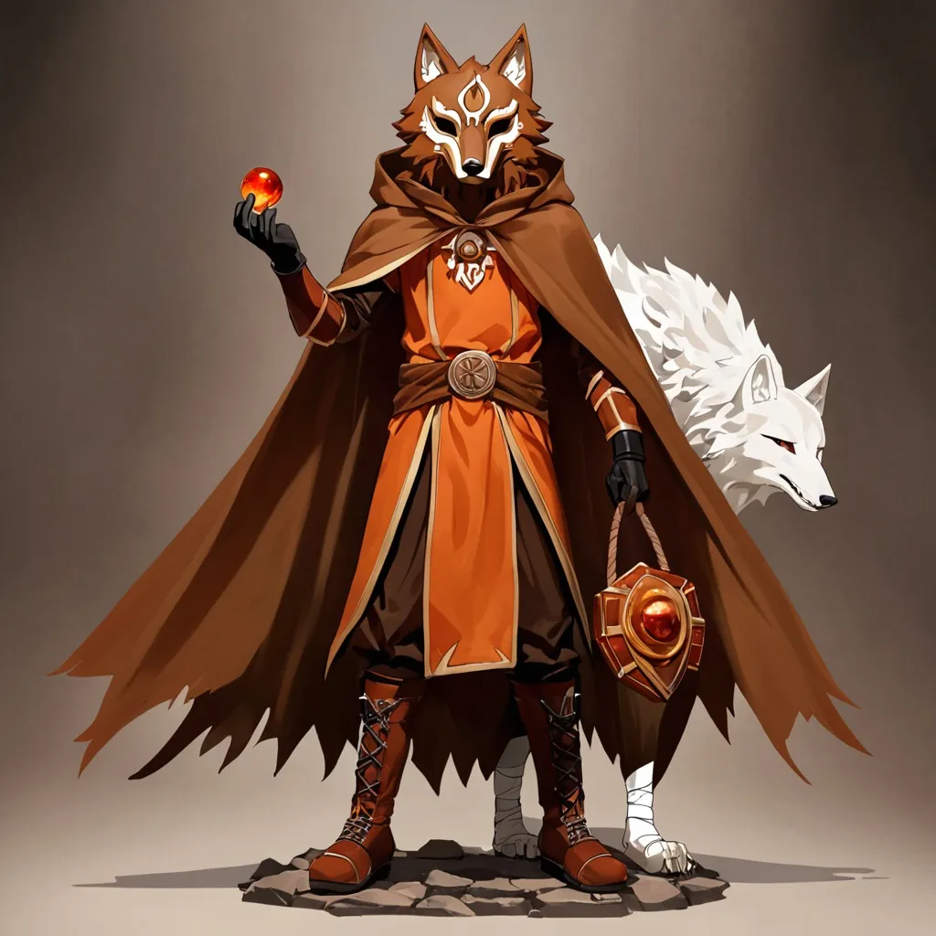 Prompt: A figure wearing a amber brown wolf mask and an amber brown cloak with boots and has a dual sided red sythe he is also wearing black gloves and is holding the sythe in there left hand and has long amber brown sleeves but on the right arm has white bandages around it and he is facing the camera